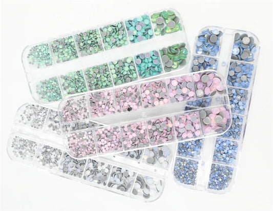 12Grib Box 4 Opal Mix Sizes Hot Fix Rhinestones Set Flatback Stone Crystal Glass Strass Glue on Rhinestones for Wearing Garment